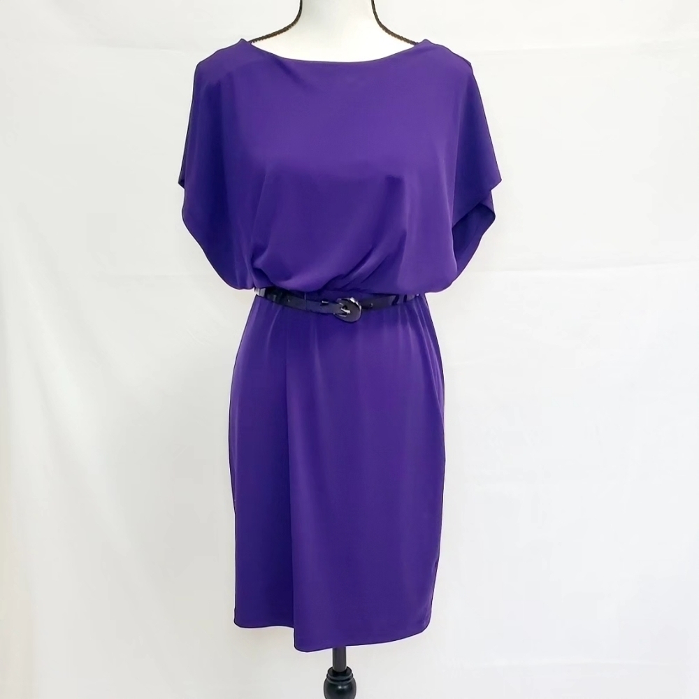 Enfocus Studio Solid Purple Batwing Sleeve Belted Dress w/ Keyhole Back